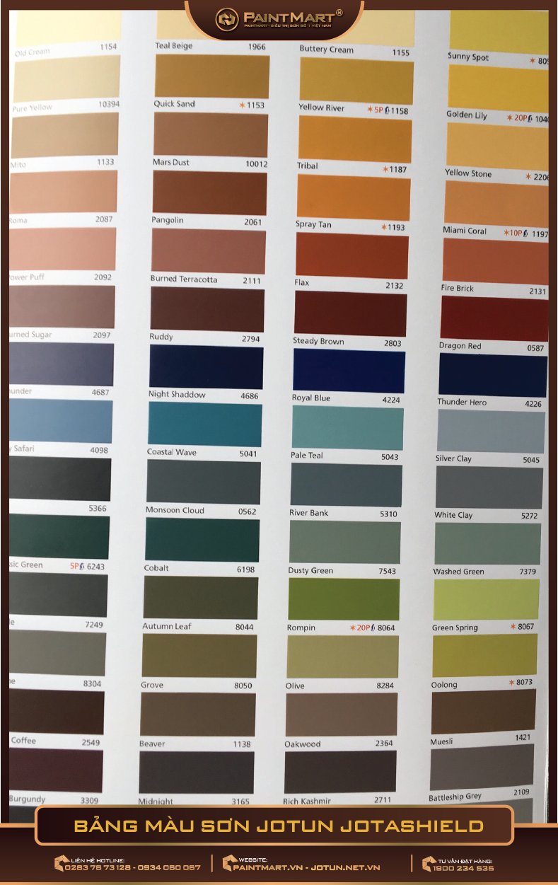 Bảng màu sơn Jotun Jotashield: Bạn đang tìm kiếm một sản phẩm sơn đa dạng về màu sắc, có khả năng chịu nắng và mưa tốt để bảo vệ ngôi nhà của mình? Bảng màu sơn Jotun Jotashield sẽ là sự lựa chọn tuyệt vời dành cho bạn.