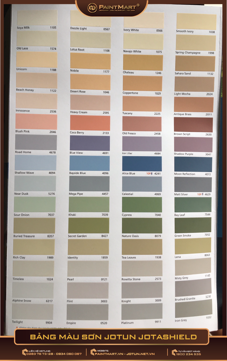 Bảng màu sơn Jotun rất đa dạng và ngập tràn màu sắc tươi sáng, hấp dẫn. Xem hình ảnh liên quan để chọn cho mình một màu sắc phù hợp trong việc làm mới căn nhà của mình.