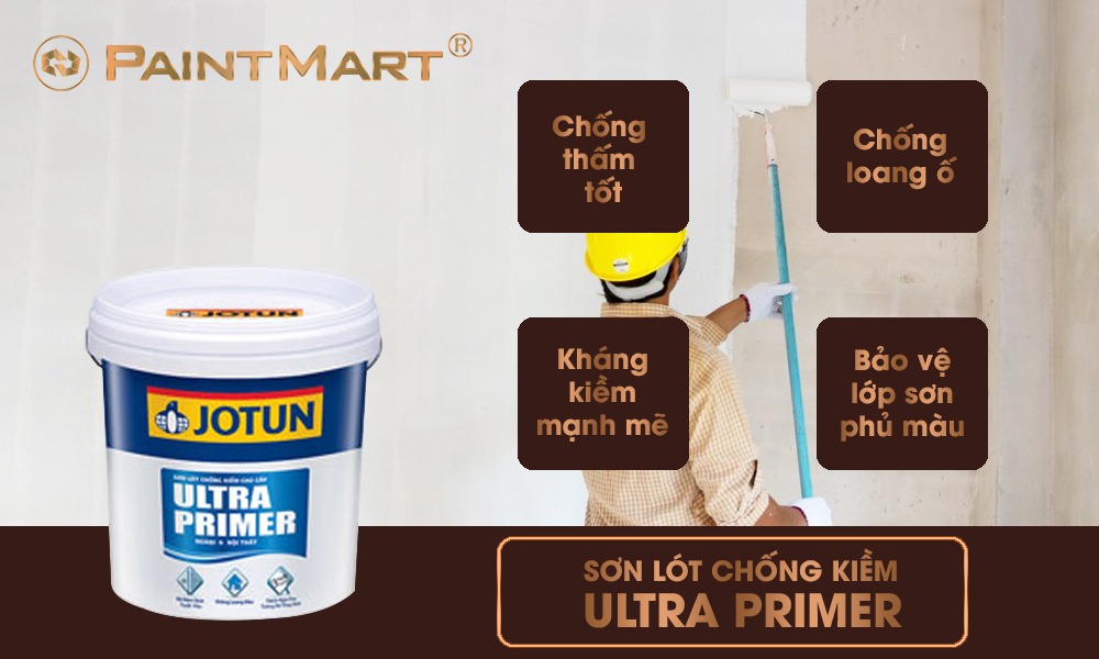 Sơn lót chống kiềm Jotun Ultra Primer có khả năng ngăn chặn sự thâm nhập của kiềm vào bề mặt tường, giúp sơn bám dính tốt hơn và kéo dài tuổi thọ của tường. Để tìm hiểu thêm về sản phẩm này, hãy xem hình ảnh liên quan.